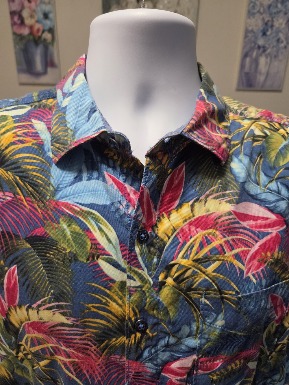 Tommy Bahama Men M 100% Linen Tropical Palm Fuego Button Short Sleeve Shirt Blue - Picture 2 of 7